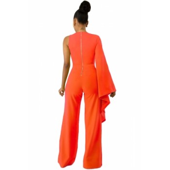 Black Single Bell Sleeve Wide Leg Jumpsuit Orange